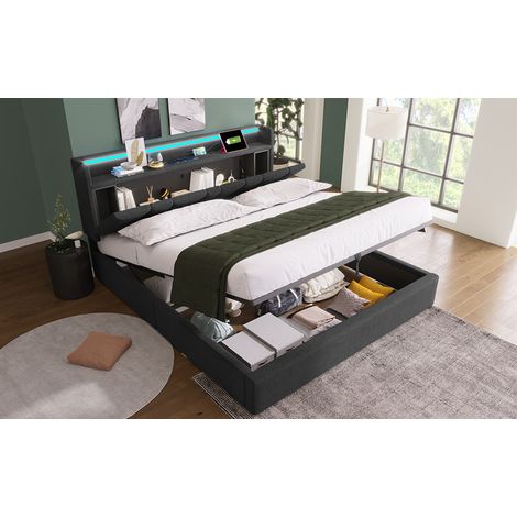Polsterbett 140x200 cm Grau mit Stauraum, LED und USB-Ladefunktion, ohne Matratze – MEUBLIV (1/5)