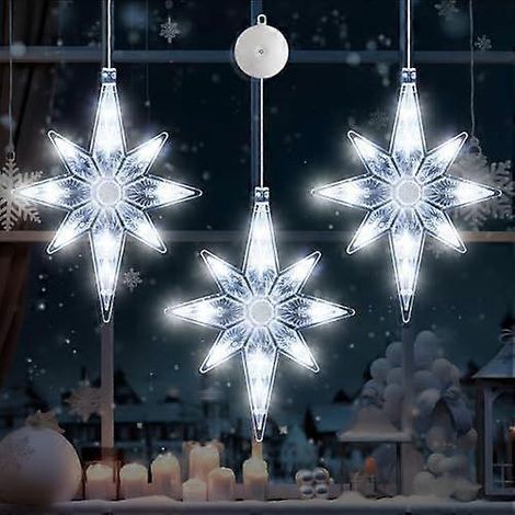 [Minuterie 3 pièces Décorations lumineuses de Noël pour fenêtre, guirlande lumineuse LED blanche en forme d'étoile porte-bonheur à suspendre à la fenêtre, alimentée par piles, pour sapin de Noël (1/4)