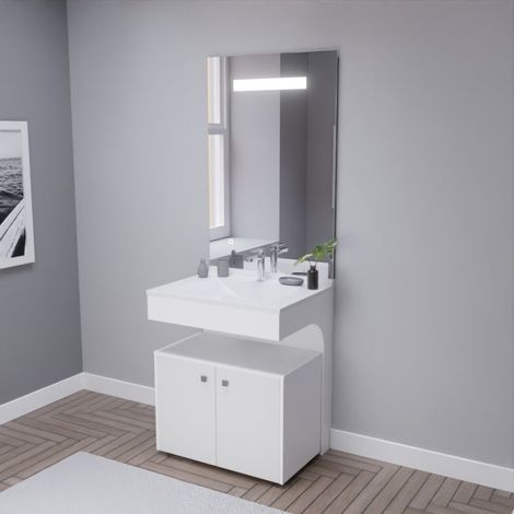 Cuisibane – Meuble vasque PMR 70 cm – Miroir led ÉLÉGANCE – Caisson roulant – Blanc brillant – Corps MDF laqué 16 mm – Siphon déporté recommandé