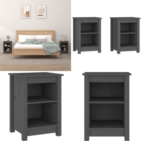 Comodini 2 pz Grigi 40x35x55 cm in Legno Massello di Pino - Comodino grigio - Comodino in pino