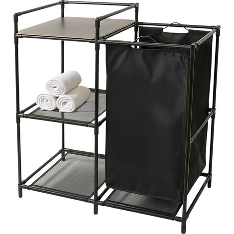 Badregal schwarz mit integriertem Wäschekorb - 69 x 77 cm - Standregal aus Metall und Stoff mit 3 Ablagen