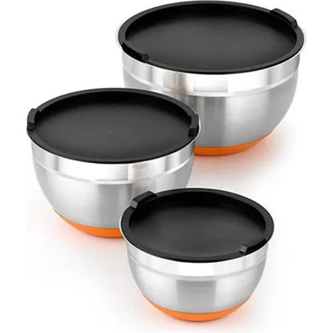 3 bols en acier inoxydable 12/16/20 cm, base silicone antidérapante, couvercles inclus, pour préparation et conservation alimentaire (1/5)