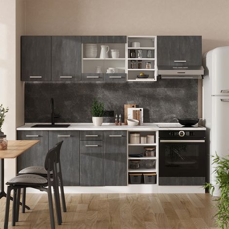 Komplettküche R-Line, Schwarz Beton/Weiß, 240 cm ohne Arbeitsplatte, Vicco (1/5)