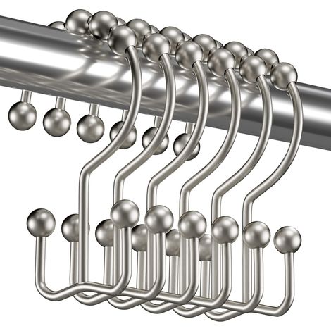 Anneaux de fixation pour rideau de douche, crochets de douche doubles coulissants en métal antirouille pour barres et rideaux de douche, lot de 12 crochets - Nickel mat (1/5)
