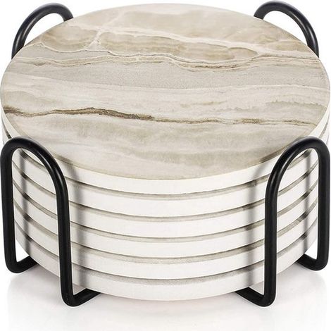 Untersetzer-Set mit Metallständer – Praktisch und stilvoll – 6-teilig – Marmoroptik – Keramik (1/5)