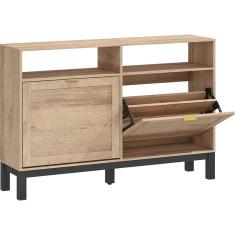 Scarpiera Salvaspazio Slim 120x29x80 cm con 2 Ante a Ribalta e Ripiani Regolabili Rimovibili per 8 Paia in MDF Noce (1/5)