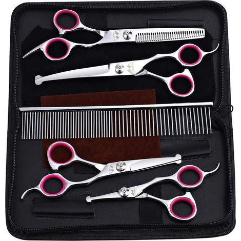 Ciseaux Pour Toilettage Chien - Pointe Arrondie - Acier Inoxydable 4CR Titane - Droits Courbes Éclaircis - Peigne - Kit 5 Pièces (1/5)
