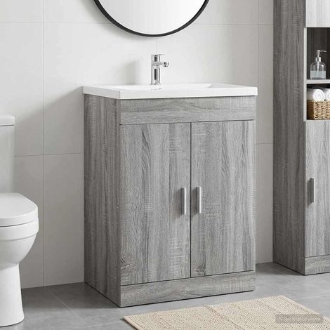 Meuble sous lavabo salle de bain avec portes, bois d’ingénierie, gris Sonoma, 56 x 37,5 x 81 cm - PANGIVO (1/5)