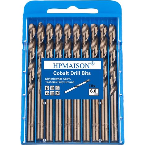 Lot de 10 forets hélicoïdaux en acier rapide M35 or cobalt pour perceuses métriques à haute vitesse 6 mm x 93 mm pour perçage des Acier inoxydable et métal (1/5)