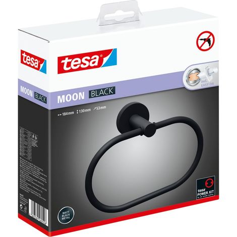 Porta asciugamani ad anello tesa MOON BLACK, look Nero opaco, autoadesivo, tecnologia di montaggio adesiva, 53 mm x 184 mm x 130 mm