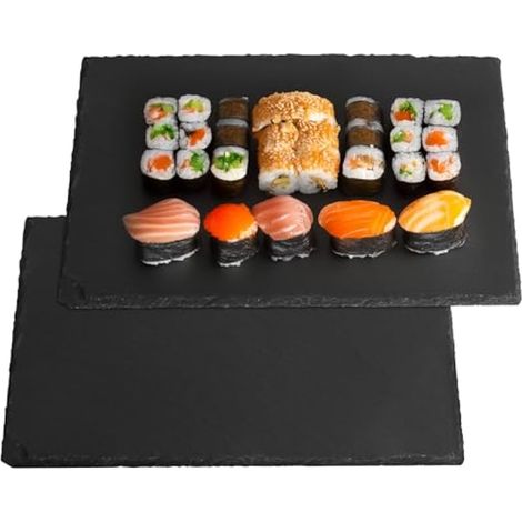 2 assiettes en ardoise naturelle, plateau de 30 x 20 cm, planche à sushi antidérapante, plateau rectangulaire en pierre pour présenter fromages et saucisses (1/5)