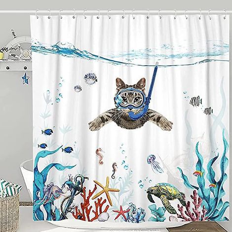 ensemble De Rideau De Douche, Rsistant La Moisissure 180 X 180 Cm (71 X 71 Pouces), Rideau De Douche Chaton Plongeant 3d Haute Dfinition, Polyest (1/5)