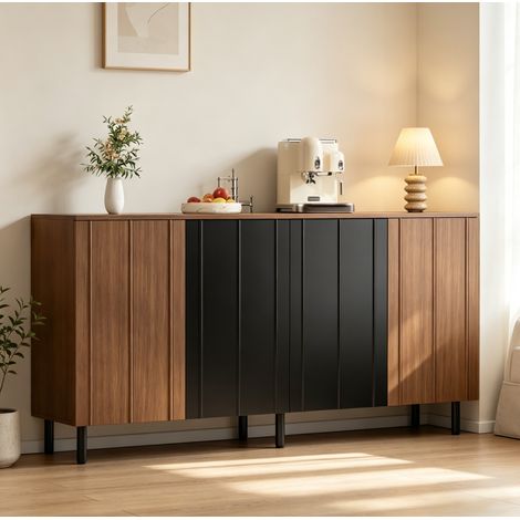 Buffet 160 x 35 x 80 cm avec 4 portes, rangements intérieurs réglables et pieds métal, effet noyer et noir (1/5)