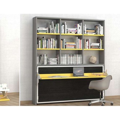 Lit escamotable 90x180 avec bureau et bibliothèque Spacio-1 matelas 90x180cm-Coffrage Gris anthracite-Façade Cambrian (1/5)