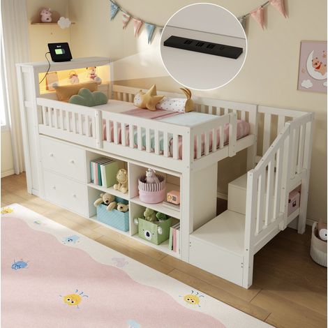Halbhohes Kinderbett 90 x 200 cm mit Stauraum, LED, Weiß HAVRYA (1/5)