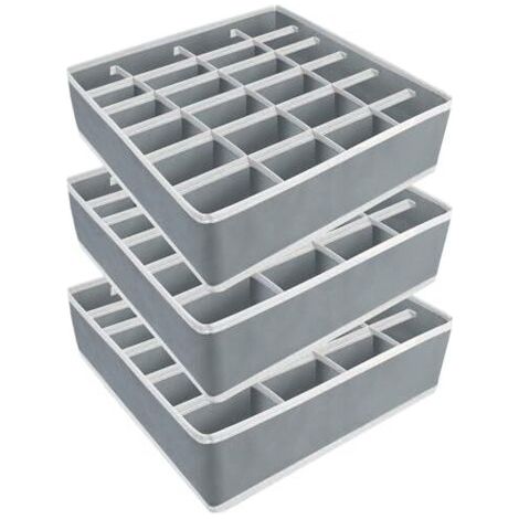 FENOPLASTICALot de 3 Organisateur Sous Vetement, 24 Cellules Organizer de Tiroir Pliable Séparateurs de Tiroirs pour Chaussettes, Culottes, Ceintures, Cravates (Gris) (1/4)