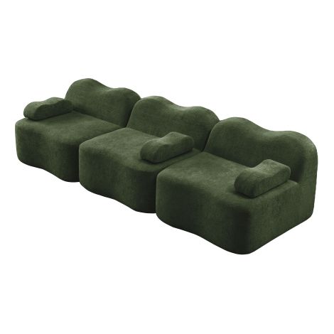 Canapé modulaire 3 places en mousse haute densité (32D)  design aux lignes ondulées avec assise profonde et coussins d'accoudoir amovibles  convient aux salons  vert. (1/5)