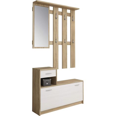 Mobile Ingresso con Scarpiera Specchio Appendiabiti Rovere Bianco