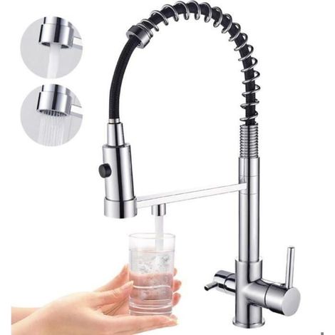 Robinet de cuisine à trois voies - Finition brossée - Eau purifiée - Rotation à 360° avec filtre à eau potable - Acier inoxydable (1/4)
