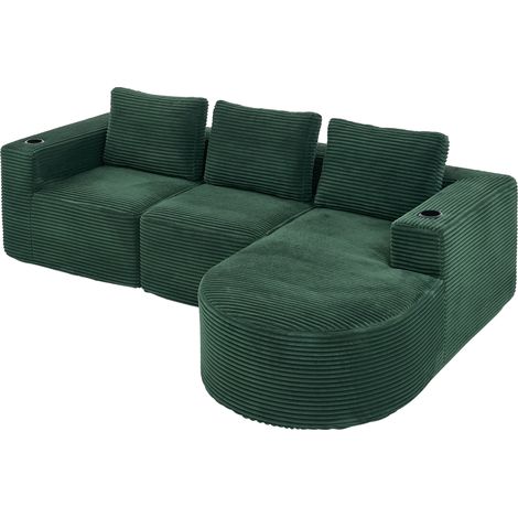 Sofá esquinero de 258 cm en poliéster verde retro con 3 cojines y 2 portavasos (1/5)