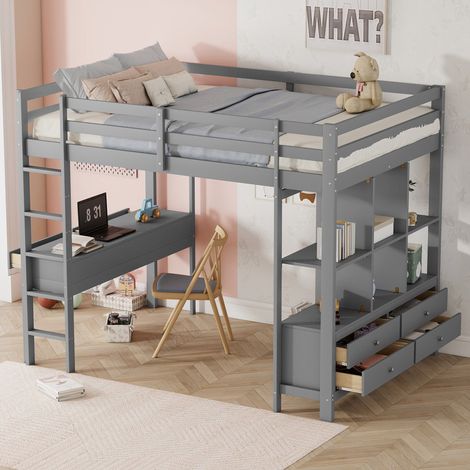 Hochbett 140x200 cm – Kinderbett mit Schubladen und integriertem Schreibtisch, ohne Matratze – grau (1/5)