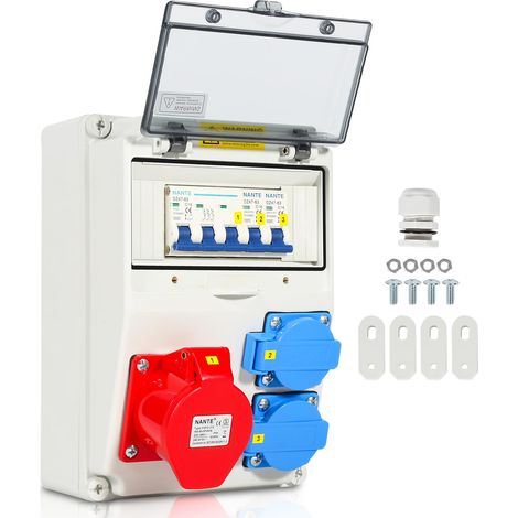 Répartiteur mural avec disjoncteur 5 broches, 2 prises de contact de protection et prise CEE 16 A pour systèmes de distribution d'énergie en intérieur et en extérieur