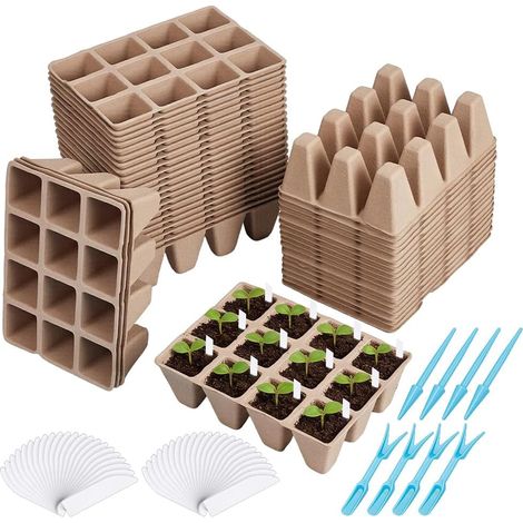 Biodegradable Peat Pots 720 Cell Seed Tray Biodegradable Seedling Starter Kit (60 Pack) Includes 600 PVC Plastic Labels and 8 Transplanting Seedlings (1/5)