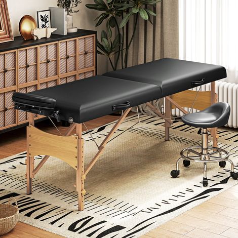 Table de massage à hauteur ajustable, rembourrage en mousse, matelas pliantes, cadre en bois, noir (1/4)
