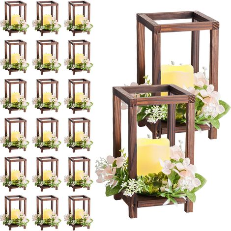 Lanterne en Bois pour Mariage, 20 Pièces avec Bougies LED et Couronnes de Fleurs, Décor de Table Champêtre, Marron (1/5)