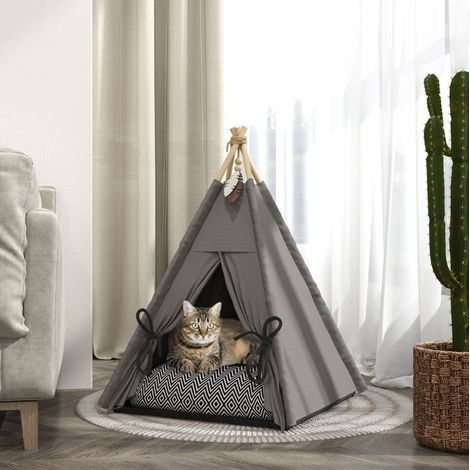 Tipi pour chat 60 x 60 x 76 cm, coussin amovible et lavable, base antidérapante, gris OKMYHOME (1/5)
