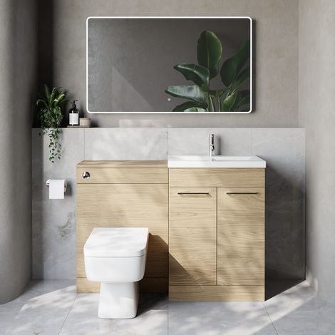 Napoli 390 Cento Light Oak 1200mm 2 Door Vanity Unit Toilet Suite with Glide Basin - 1200mm - Chrome 160mm HandleWith Kingston Toilet Pan and Seat