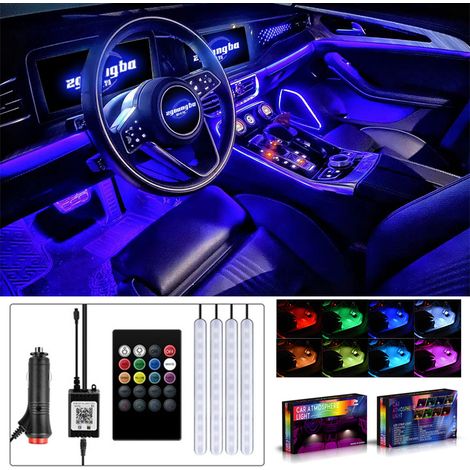 BRAVIX Lot de 4 bandes lumineuses à LED pour intérieur de voiture - Chargeur USB - Multicolore - Avec fonction sonore active - Télécommande sans fil