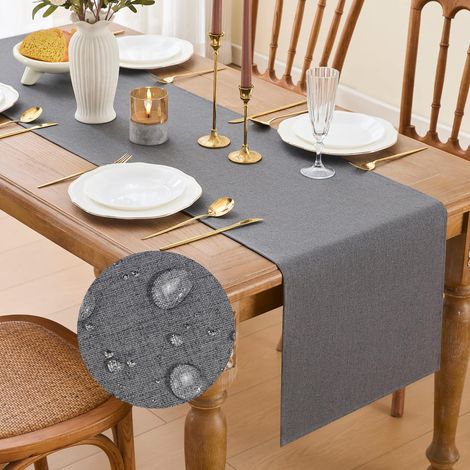 Chemin de table moderne, gris, imperméable, lavable, aspect lin (1/5)
