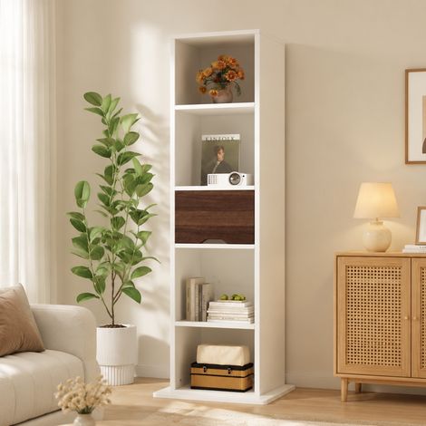 Armario giratorio con espejo de pie, mueble columna giratorio con estantes y cajón, para dormitorio y recibidor, 45 x 45 x 168 cm, blanco (1/5)