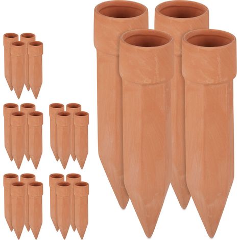 Relaxdays Clay Watering Cones, Set of 24, Plant Irrigation Kit, 1.5L Bottles, HxD 19 x 4.5 cm, Terracotta