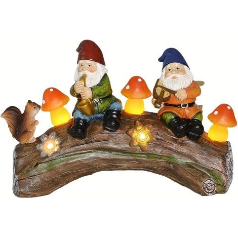 Statues de nains de jardin à LED solaires - Figurine de nains d'écureuil en résine - Décoration de printemps extérieure pour patio,