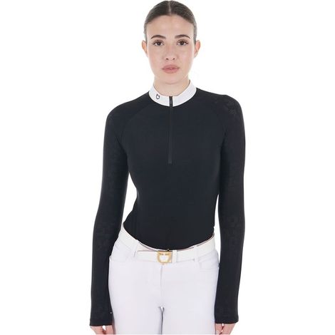 Women's tulle stretch competition polo shirt ls zip: m, Nero