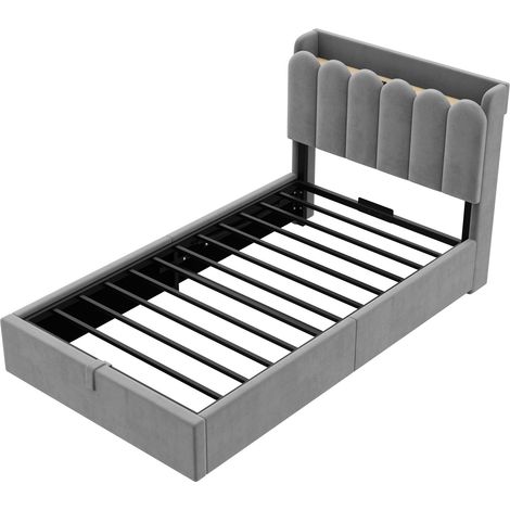 Letto per bambini 90 x 200 cm in velluto grigio con contenitore idraulico e rete (1/5)