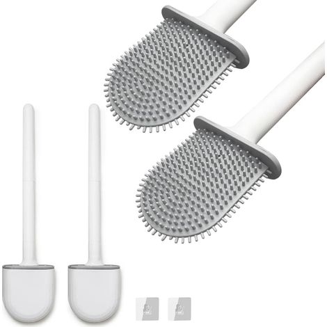 Brosse toilettes silicone - Lot de 2 - Tête flexible 360° - Long manche antidérapant - Support à séchage rapide - WC (1/5)