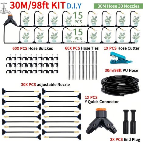 Kit irrigation goutte à goutte automatique 30m, système arrosage jardin avec buses 360°, raccord universel double sortie, anti-fuite (1/5)