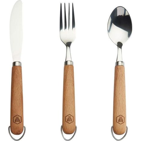 LAGUIOLE - Set de 3 Couverts de Pique-Nique -Manches en Bois de Hêtre - acier inoxydable - marron