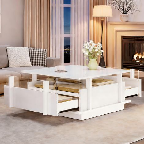 Table basse HAVRYA 70 x 70 x 35 cm, 2 tiroirs, éclairage LED, tablettes en acrylique, blanc brillant (1/5)