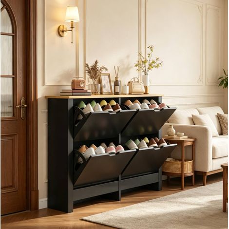 Mueble zapatero contemporáneo, 105x26x80 cm, 4 puertas abatibles, separadores ajustables, aglomerado, negro y roble claro (1/5)