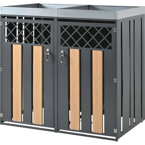 Armoire de jardin verrouillable en acier galvanisé avec compartiments poubelle et jardinière intégrée, motif losange, finition imitation bois (1/5)