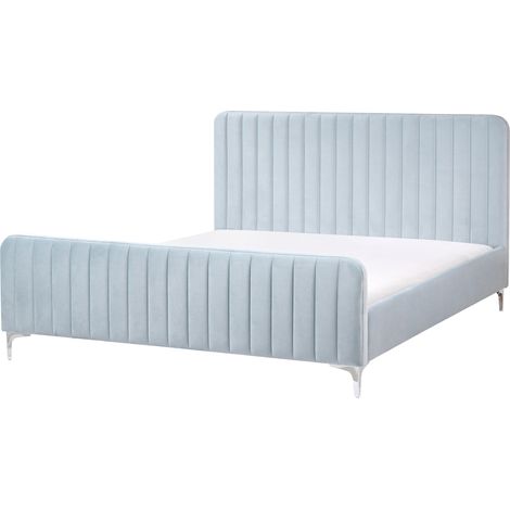 Cama con somier de terciopelo con cabecero acolchado 160 x 200 cm patas de metal azul claro Lunan