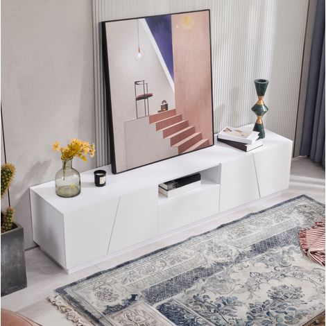 Mobile TV moderno 170x37x42 cm in MDF bianco, con contenitore, per soggiorno FLORAGRACE (1/5)