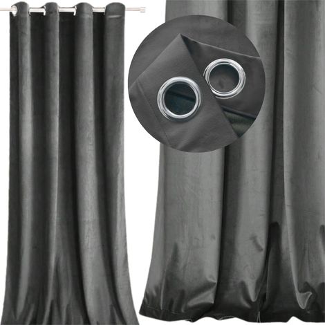 Tenda spessa in velluto grigio con occhielli e anelli, pronta all'uso, velluto oscurante (1/5)