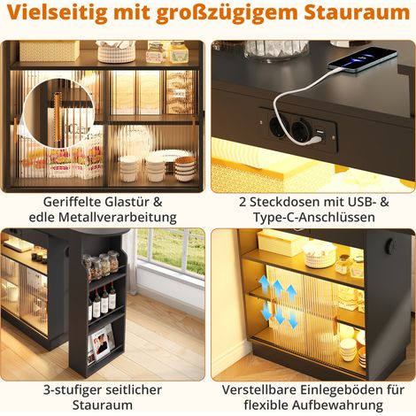 Bar de cuisine extensible avec rangement, LED et prises 131-170 x 40 x 170 cm noir OKWISH (1/2)