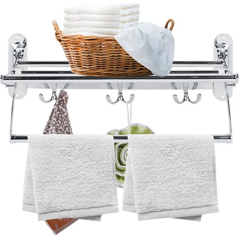 Porte-serviettes mural pliable en acier inoxydable pour salles de bains, avec compartiment de rangement et 3 crochets. (1/5)