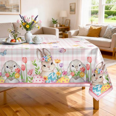 Ostern Tischdecke Rechteckig 140x180 cm Polyester mit Hasenmotiv, waschbar